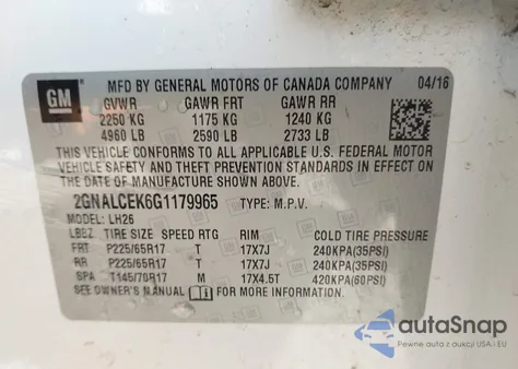 2016 Chevrolet Equinox Lt из США, поврежденный, VIN 2GNALCEK6G1179965